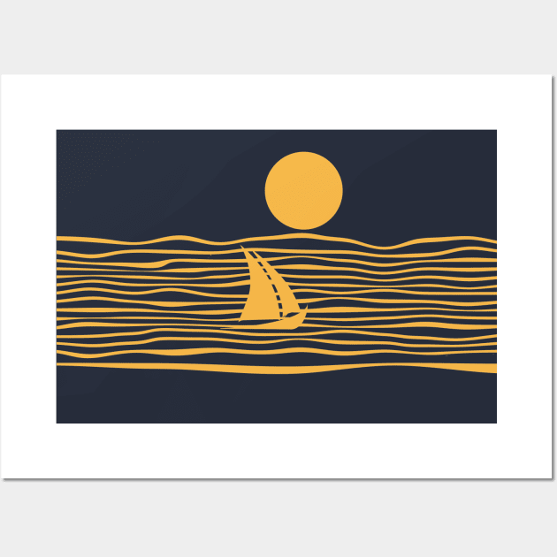 Sailing Boat Sea Night Full Moon Orange Wall Art by oknoki